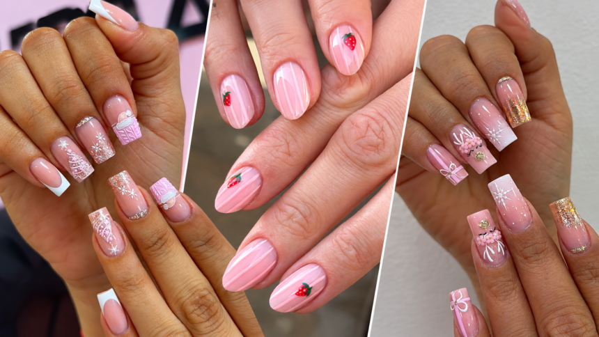 Pink Christmas Village Nails